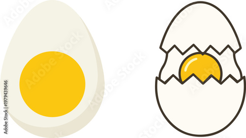 Simple EPS illustration of a boiled egg and a cracked egg with visible yolk, presented in flat and line art styles on a clean background.