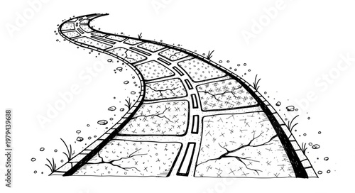 Cracked Paved Road Winding Through Dry Landscape.