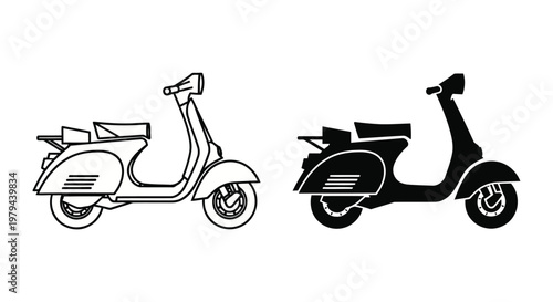 Simple black and white vector illustration of two vintage motor scooters in side view profile