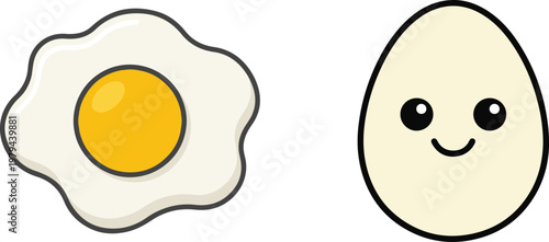 Cute EPS illustration of a fried egg and a smiling whole egg character, featuring simple flat and line art styles on a clean background.