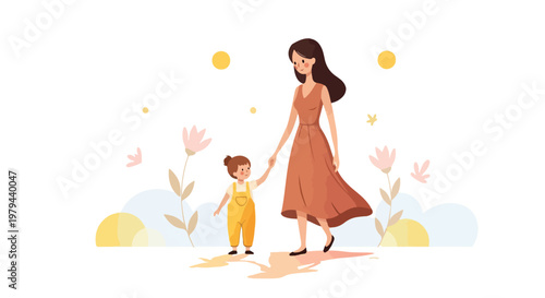 Lovely mother and daughter walking hand in hand on international mothers day, a happy family moment
