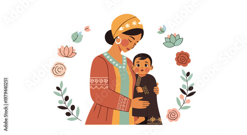 Lovely mother and daughter embracing surrounded by colorful flowers on International Mothers Day celebrating family love