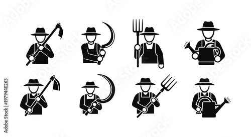 Set of black vector icons showing farmers holding various gardening tools and agricultural equipment supplies
