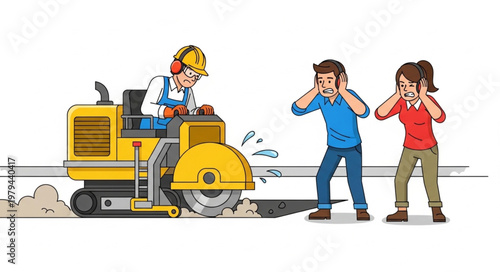 Construction worker operating heavy machinery cutting concrete pavement with bystanders covering ears from loud noise.