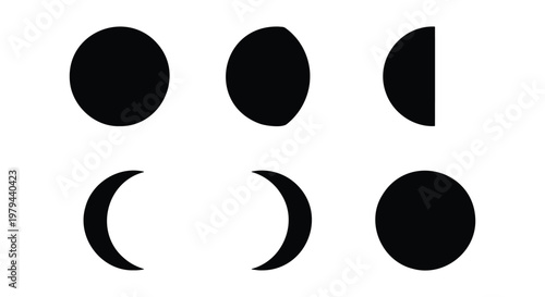 Minimalist moon phases vector set, black lunar cycle icons on white background, celestial astronomy symbols for calendar and occult design