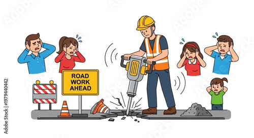 Construction worker operating a jackhammer causing noise disturbance to nearby people.