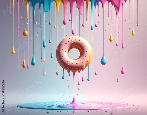 Pink Glazed Donut with Colorful Dripping Icing Abstract Background
