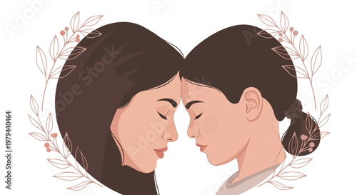 Lovely mother and daughter touching foreheads in a heart-shaped floral frame on International Mothers Day, a tender