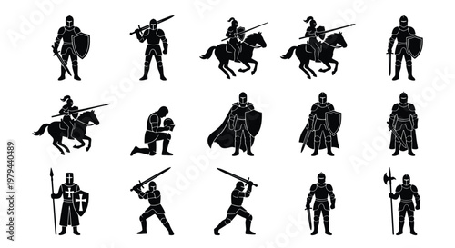 Medieval knight silhouettes set, 15 armored warrior icons with swords and shields, black cavalry and infantry soldier vector collection