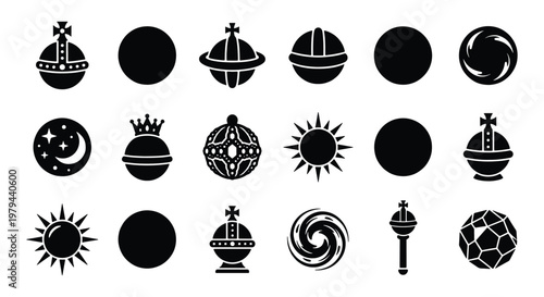 Black celestial and royal icons set, 18 vector elements featuring globus cruciger and sun symbols, minimalist astronomical and monarchic silhouettes