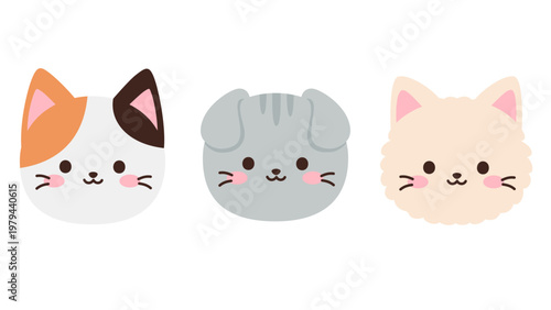Three cute kawaii cat faces in calico gray and cream color
