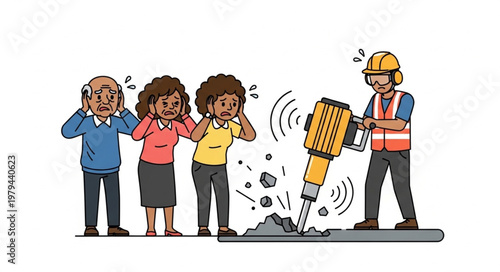 Construction worker operating jackhammer disturbing nearby people.