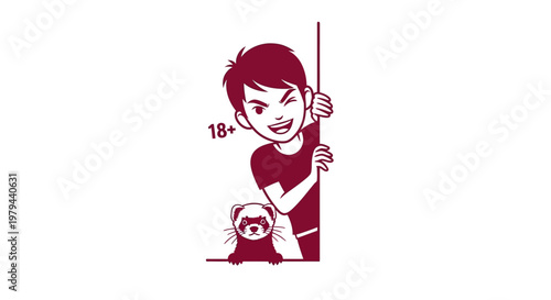 Cartoon man and ferret peeking from side with 18+ sign