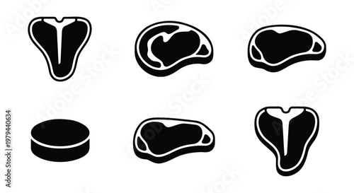 Raw beef steak icons set, black and white meat cut vector illustrations, assorted t-bone and ribeye steak silhouettes for butcher shop branding