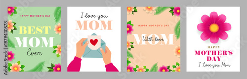 MOM with love, Happy Mathers Day creative greeting cards set 2026. Hands holding a letter and chamomile blossoms decoration for Mother's day greeting card. Vector illustration for Best Mom ever