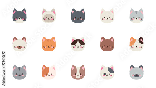 Collection of cute kawaii cat face icons in various colors and breeds grid layout