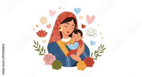 Lovely mother and daughter embracing surrounded by colorful flowers and hearts on International Mothers Day celebrating