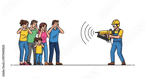 Construction worker operating loud drill disturbing nearby people.