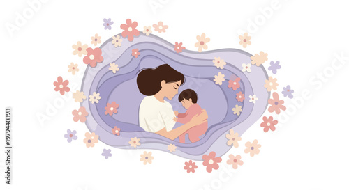 Lovely mother and daughter embracing surrounded by colorful flowers on International Mothers Day celebrating family love