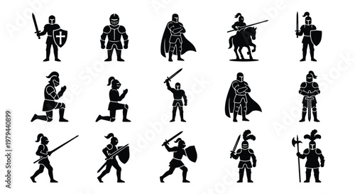Medieval knight silhouette collection, 15 armored warrior icons in black vector format, middle ages soldier set with swords and shields
