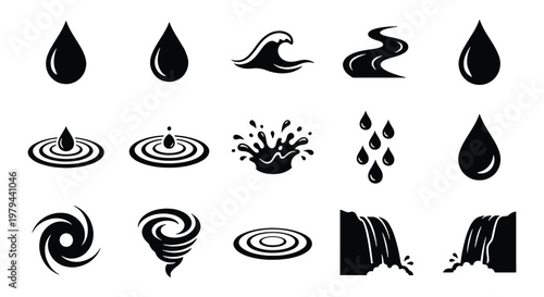 Minimalist water icon set, black liquid drop and splash vector elements, 15 nature symbols including waves, ripples, and waterfalls for UI design