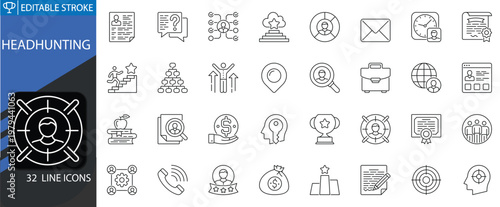 Headhunting icons set. Includes symbols of recruitment, talent search, hiring, human resources, candidate selection, and career opportunities. Editable stroke. Vector illustration. Outline icons.