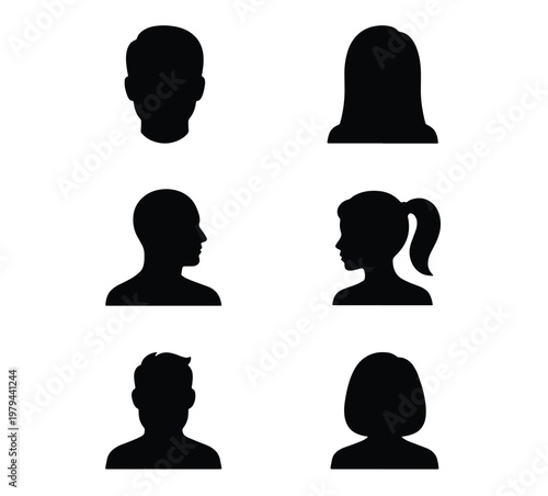Minimalist human avatar silhouettes, set of 6 male and female profile icons, black head and shoulder vector symbols for user interface design