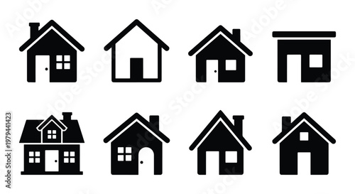 Minimalist house icon set, 8 black silhouette home vector symbols, residential building signs for real estate apps and web navigation interfaces
