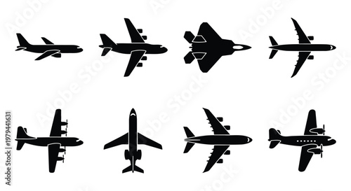 Airplane silhouette vector set of 8 icons, commercial aircraft and military jet silhouettes, aviation transport and flight symbols for travel design