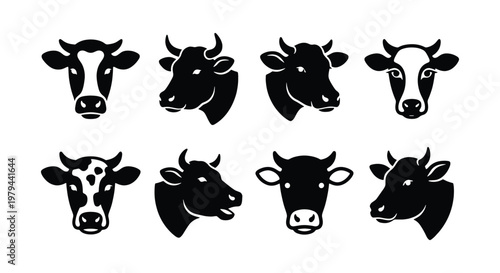 Cow head silhouette icons, set of 8 cattle face vector illustrations, black farm animal portraits for butchery and dairy branding