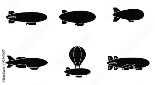 Vintage airship silhouette collection, set of 6 blimp and zeppelin vector icons, black dirigible aircraft symbols for aviation design