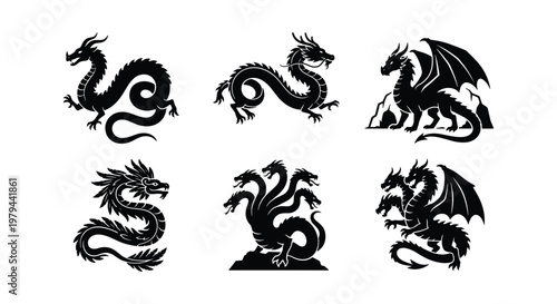 Mythical dragon silhouette collection, set of 6 black fantasy creature icons, oriental and western dragon vector illustrations for gaming and logos