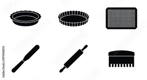 Baking tools and pastry equipment icon set, black silhouette kitchen utensils vector, rolling pin and tart pan collection for bakery design