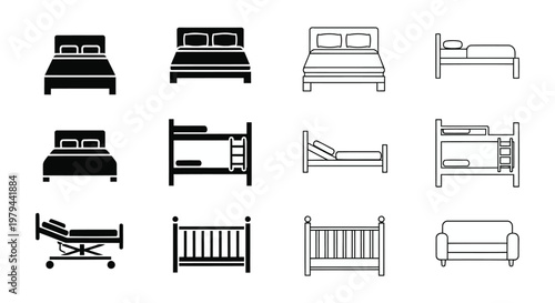 Collection of simple vector bed icons featuring various furniture styles for modern interior design projects