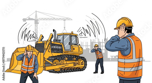 Construction workers covering ears from loud bulldozer noise at building site.