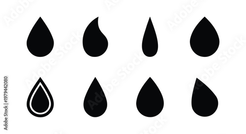 Minimalist water drop icons set, black liquid droplet silhouettes, 8 vector elements for plumbing and hygiene design, simple rain and oil drop shapes