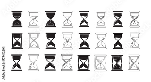 Collection of diverse hourglass vector icons showing various styles for measuring time and countdown tracking