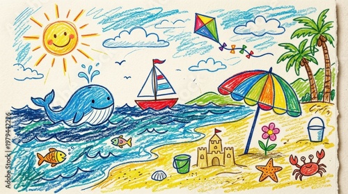 A kid summer beach crayon background with whale, umbrella, boat, flower, sun and wave, colorful doodle textures and playful seaside fun, ultra-realistic, no logos.