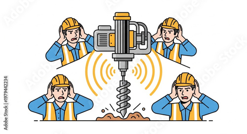 Construction workers covering ears from loud drilling noise.