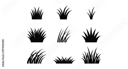 Black grass silhouette icons set, 9 botanical vector elements, minimalist garden lawn tufts, organic meadow plant shapes for landscape design