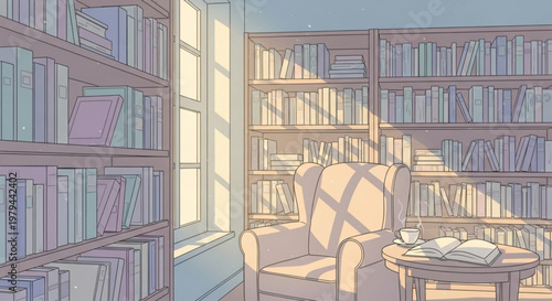 Cozy library corner with beige armchair wooden table and bookshelves filled with books warm sunlight through window