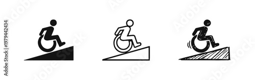 Wheelchair ramp accessibility icon set featuring solid, outline and hand drawn sketch styles