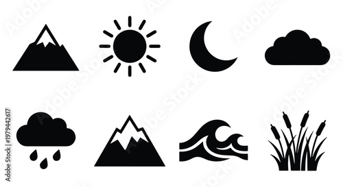 Minimalist nature icons set, black silhouette weather and landscape symbols, 8 vector elements including sun, moon, mountains, and waves for web design