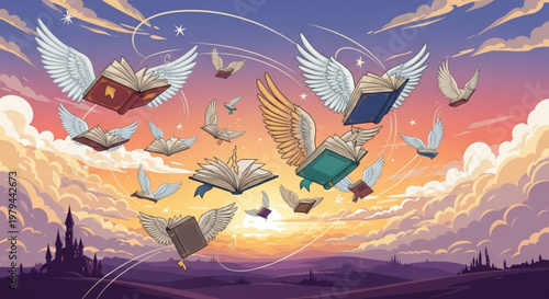 Flying books with wings soar through a vibrant sunset sky with clouds and a distant cityscape