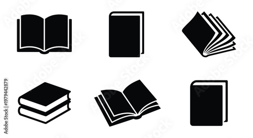 Minimalist book icon set with 6 black vector silhouettes, open and closed book symbols for education, library and reading interface design