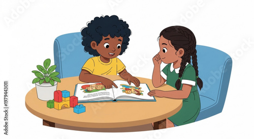 Two children sitting at a table reading a book with colorful blocks and a plant