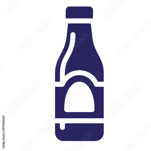Dark blue flat of a glass bottle with a label, featuring a simple silhouette shape isolated on a white background, for beverage or, condiment branding