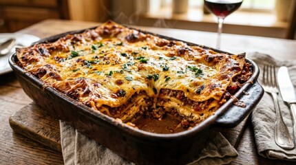 A rich five cheese lasagna fresh from the oven, bubbling golden top, layered pasta, rustic serving dish, appetizing comfort-food warmth, ultra-realistic, no logos.