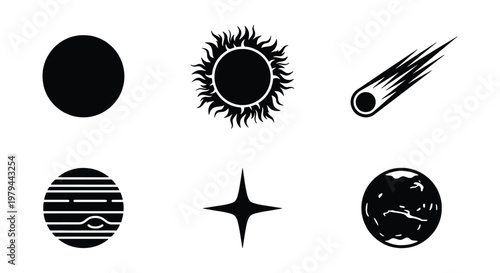 Minimalist celestial icon set, black space planet and sun vector symbols, 6 astronomy elements including comet and star for science infographics