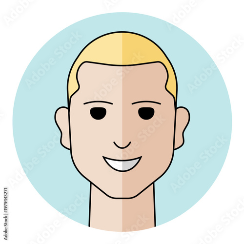 Man face avatar with blond hair and smiling expression in circular frame. Male character portrait for user profile, social media, and client support icon.